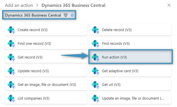 Selecting the Run action