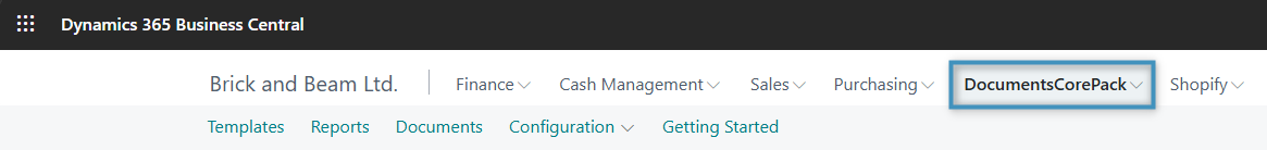 The DocumentsCorePack Admin Menu in the navigation bar