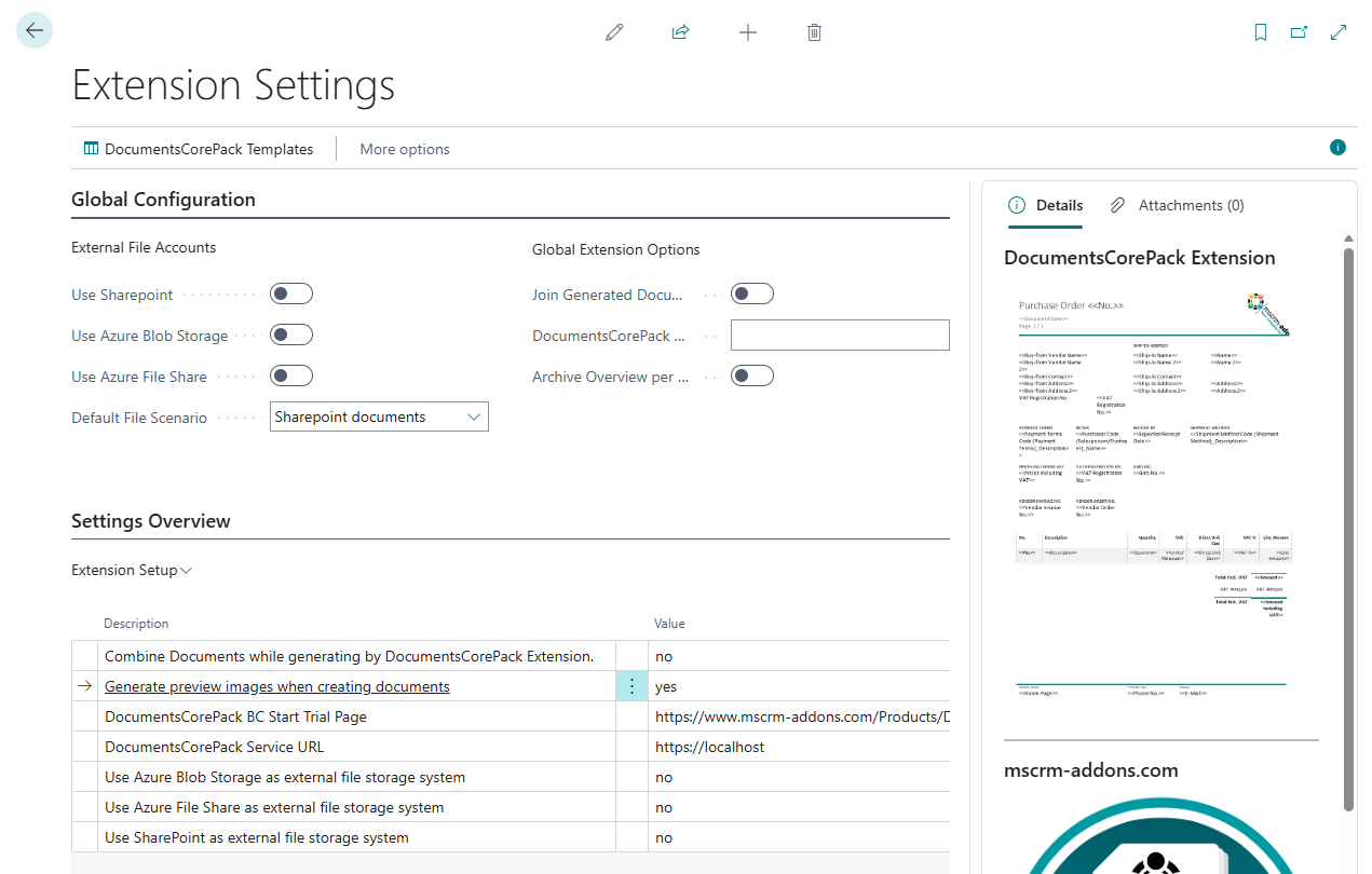 The Extension Settings dialog
