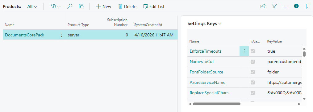 An environment's products. In this screenshot, only DocumentsCorePack is listed.